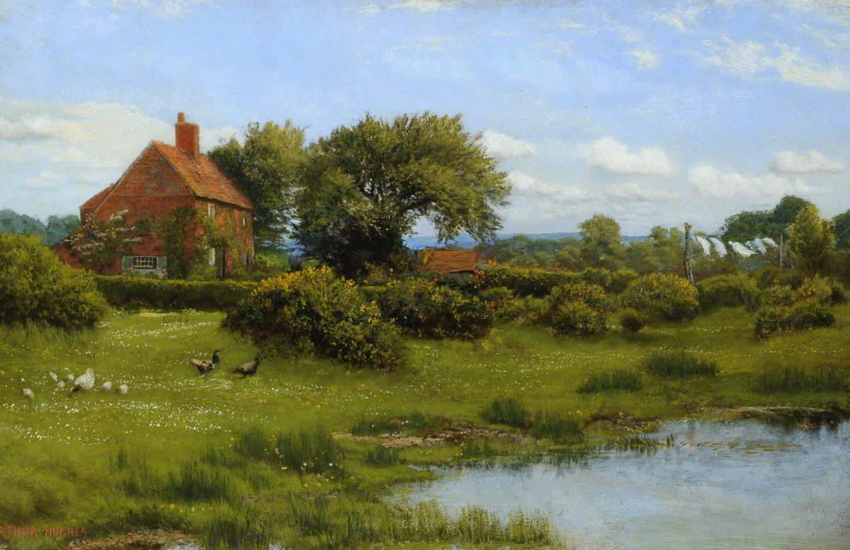 Hughes, Arthur, 1832-1915; A Cottage with a Pond, at Burghfield, near Reading